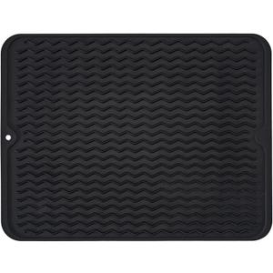 Silicone Dish Drying Mat, Non-Slip Easy Clean Sink Mat Large Heat-resistant Dish Drainer Mat for Kitchen Counter, Sink, Refrigerator or Drawer liner (16" x 12", BLACK)