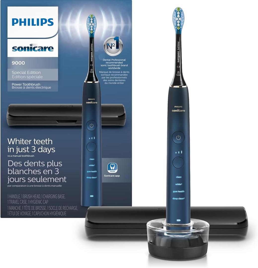 Philips Sonicare DiamondClean 9000 Electric Toothbrush - Sonic Toothbrush with App, Pressure Sensor, 12 Brushing Settings, Replacement Reminder, Charging Stand, Travel Case, Aquamarine, HX9911/92 (Blue/Black)