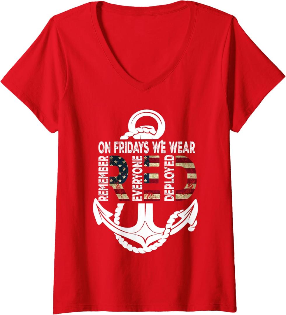 Womens On Fridays We Wear Red Remember Everyone Deployed Navy V-Neck T-Shirt, L