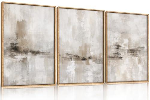 Ausril Large Minimalist Textured Framed Canvas Wall Art Set, Neutral Abstract Wall Decor, Modern Beige Gray Wall Painting, Brown and White Art Print for Living Room, Bedroom, Office 16" × 24" × 3