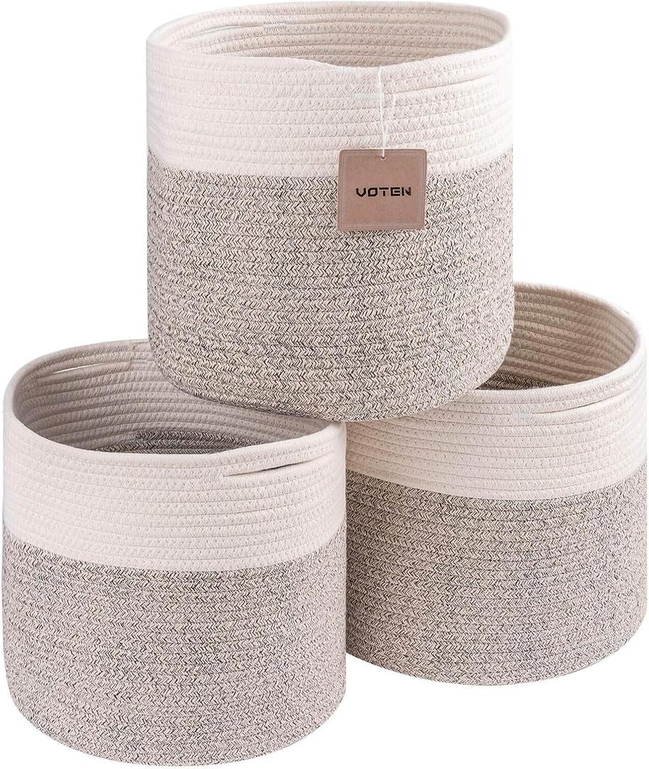 voten Storage Cubes Baskets Bins Organizer 11x11x11'' Fit 12x12''Cube Storage Organizer Bookcases Shelves,Durable Woven Cotton Storage Basket for Organizing,Round 3Pack Off White/Light Brown (L11xW11xH10.7)
