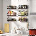 Doakhirmit 4 Pack Wall Mount Spice Rack with 16 Hooks,Hanging Spice Rack Organizer for Stove Cabinet Pantry Door, Screw or Adhesive Wooden Spice Shelf for Kitchen and RV Camper, Black