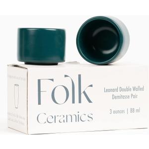 Folk Ceramics Leonard Ceramic Espresso Cups | Modern Stackable Demitasse Mugs for Espresso | Thick Walled, Handleless, Durable, Dishwasher & Microwave Safe | Set of 2, 3oz | Blue Emerald