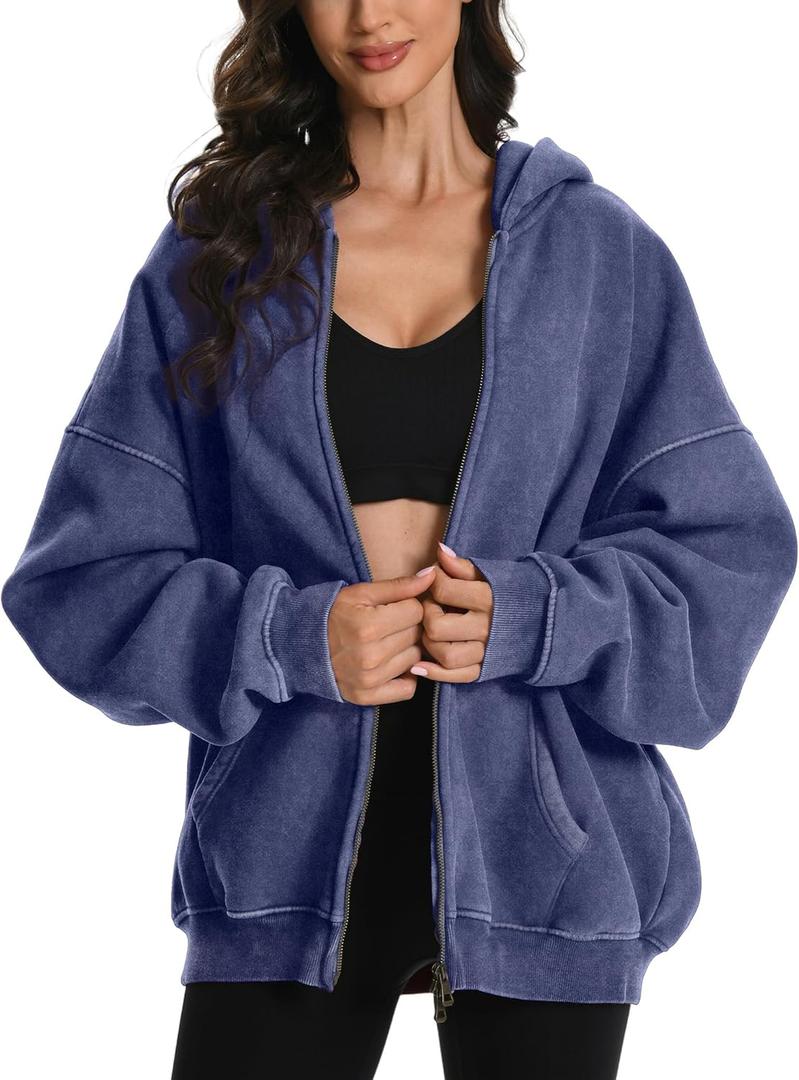 FAIABLE Womens Mens Zip Up Hoodie Oversized Acid Wash Hoodies Heavyweight Distress Cotton Fleece Zipper Hoodie Vintage M