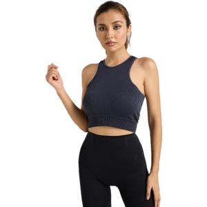 Women's Ribbed Crop Tank Top, Sleeveless Racerback, Square Neck, Black, Fitted (Grey) L/XL