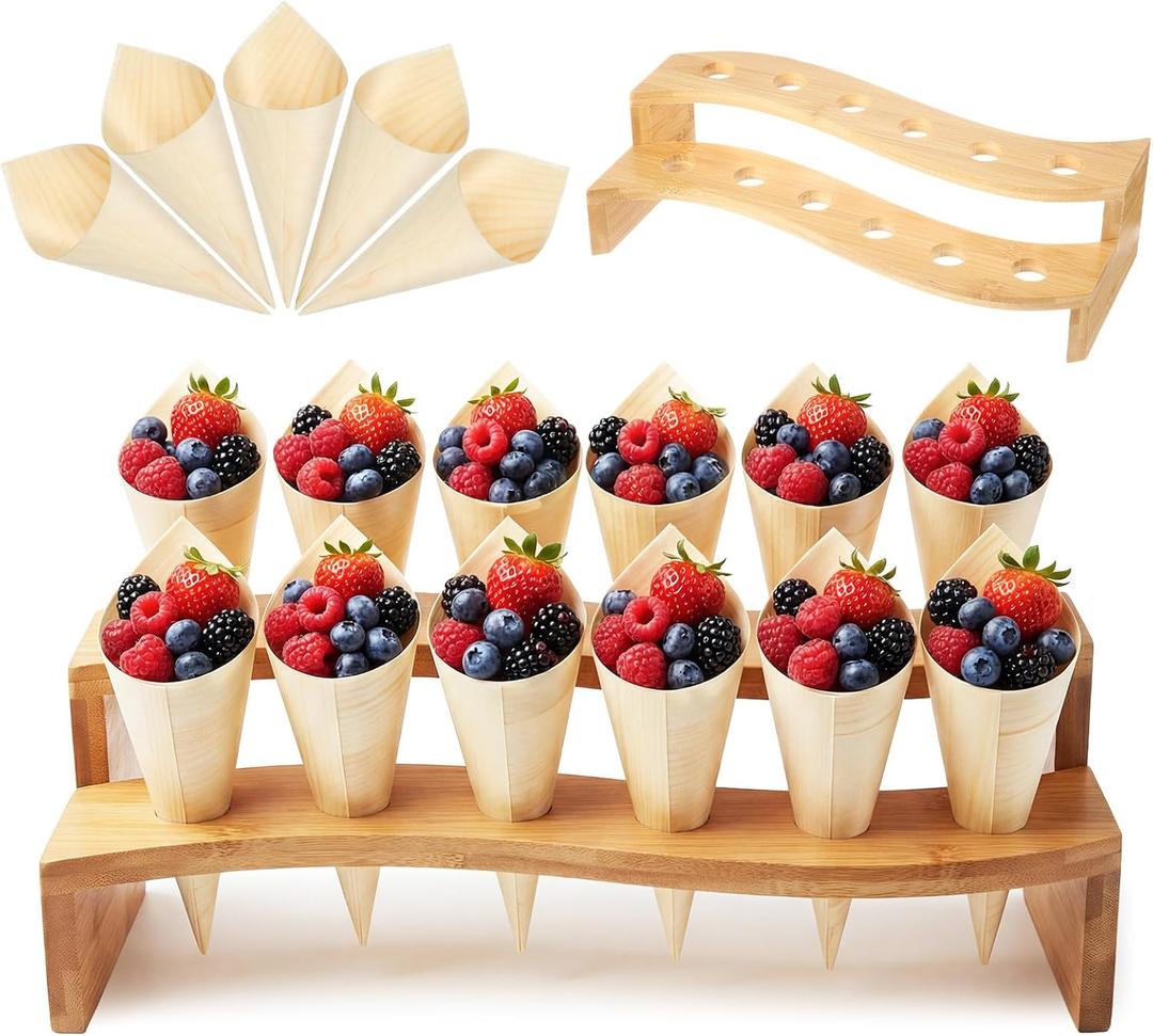 Queekay 100 Pcs Disposable Wooden Food Cones with 12 Holes Food Cone Display Stand Cone Holder for Charcuterie, Ice Cream, Catered Events, Party or Buffets (Curved,Bamboo)