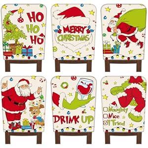 6 Pcs Christmas Chair Covers Christmas Chair Back Covers Xmas Chair Protector Slipcovers Washable Winter Dining Room Seat Covers for Home Hotel Kitchen Decorations (Blue Xmas Tree)