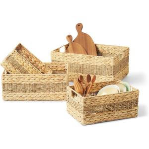Artera Large Wicker Storage Basket - Set of 4 Woven Water Hyacinth Baskets with Handle, Large Rectangular Natural Nesting Storage Bins for Bedroom, Bathroom, Laundry Room or Kitchen (Style 1)