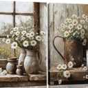 2Pcs Farmhouse Daisy Wall Art Country Bathroom Painting Wall Decor Rustic Daisy Canvas Posters Vintage Farmhouse Flowers Prints Pictures for Bathroom Bedroom Living Room Decor Framed