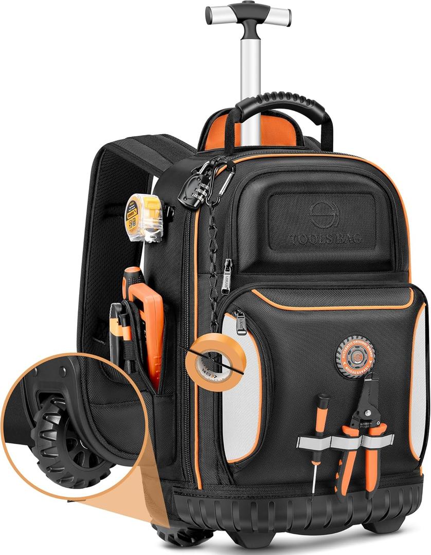 Backpack Tool Bag with Wheel, Rolling Tool Backpack for Electrician Heavy Duty Roller Tool Bag on Wheel for Construction Work, 75 Pockets & Loops Tool Backpack with Molded Base and Combination Lock (Black)