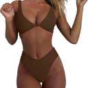 geluboao Bikini Set for Women Solid V Neck Knot Front Push Up High Leg Thong Two Piece Swimsuit Brown, Medium