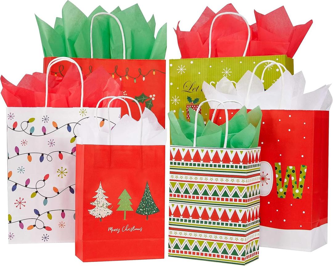 SUNCOLOR Pack of 24 Christmas Gift Bags Assorted Sizes With Tissue paper (8 Large 13", 8 Medium 11", 8 Small 9") (Red/White/Green)