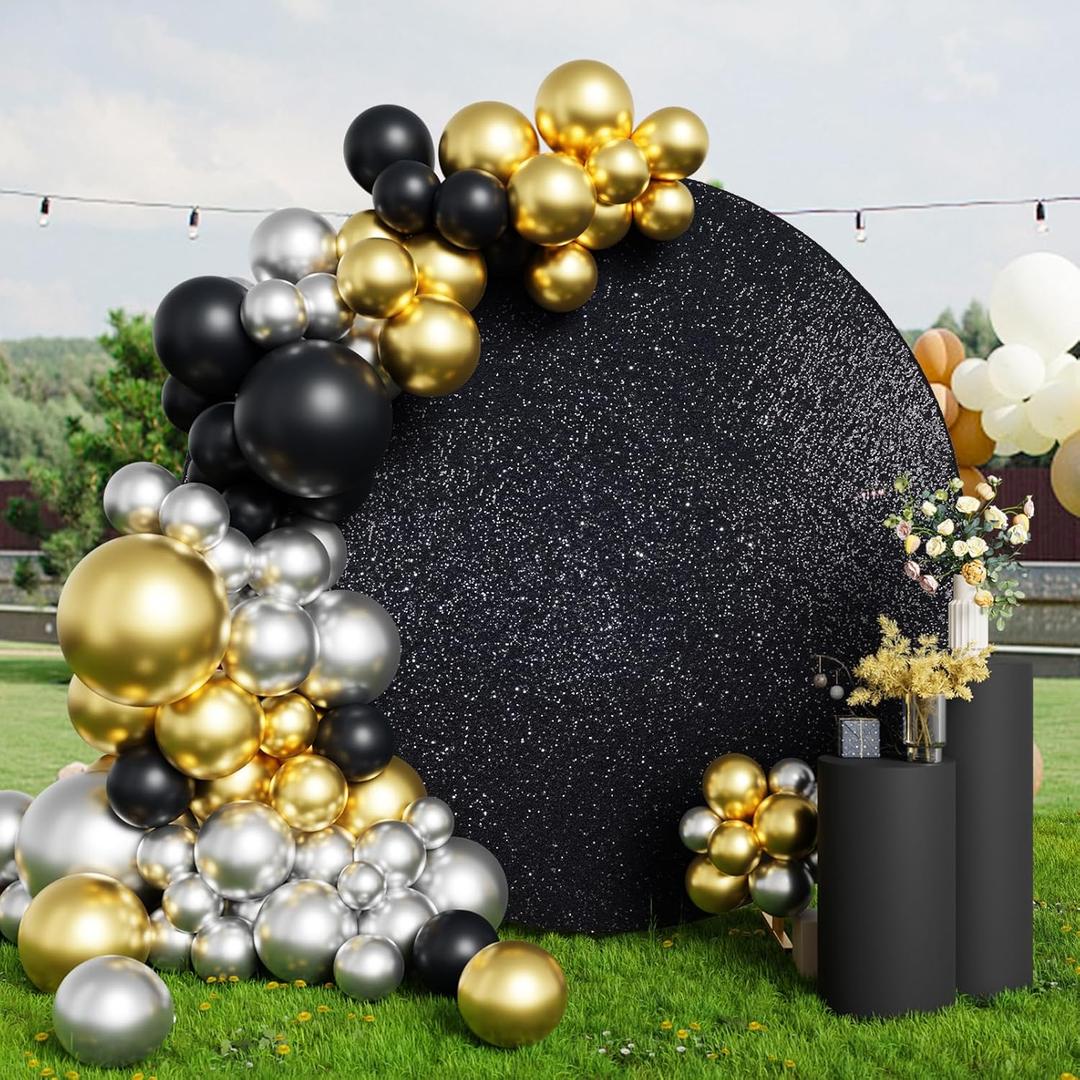 7.2ft Circle Backdrop - CMICHO Black Glitter Partitoon Luxurious Golden Photography Background for Wedding, Bridal and Party Decor