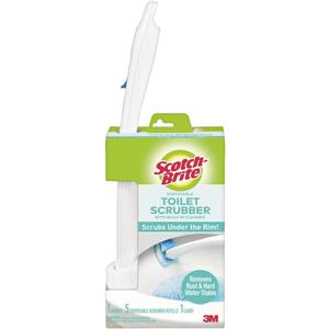 Scotch-Brite Disposable Toilet Scrubber Starter Kit, Disposable Refills with Built-In Bleach Alternative, Includes 1 Handle, Storage Caddy and 5 Refills