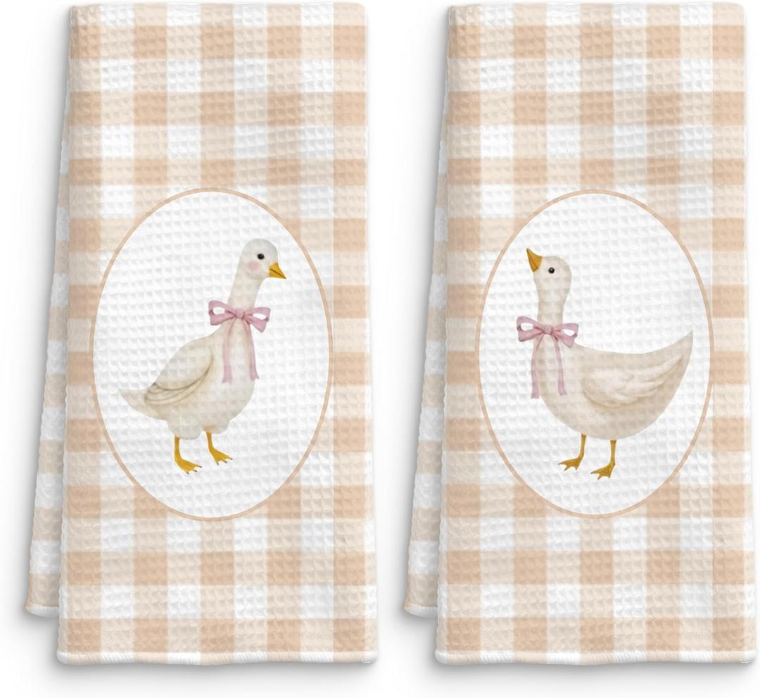 Farmhouse Goose Kitchen Towels Set of 2, Goose Decor Beige Gingham Checkered Dish Tea Towels, Coquette Pink Bow Goose Nursery Hand Towels for Bathroom Kitchen Decor, 16x24 Inch