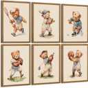 Nursery Bear Wall Art Boy Sports Canvas Wall Decor Baby Nursery Prints Vintage Teddy Bear Poster Boy Room Wall Art Kids Animal Pictures Painting for Bedroom Playroom 8x10 Inch Wood Framed Set of 6
