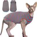 BRKURLEG Hairless Cats T Shirt, Cat Sweaters, Pullover Kitten Shirts, Sleeveless Round Collar Cotton Vest for Cornish Rex Devon Rex Peterbald and Small Dogs Sweater(OrangeBlue Stripes, Large)