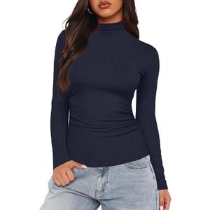 Darong Womens Ruched Shirts High Neck Fitted Tops Casual 2025 Fall Layer Slim Basic T-Shirts 9089 Dark Blue XL