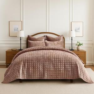 RECYCO Luxury Velvet Quilt King Size Bedding Set, Ultra Soft Velvet Comforter Set, Lightweight Quilted Channel Box Stitch Oversized Bedspread Coverlet for All Season, with 2 Shams, Terracotta Clay, King/Cal King