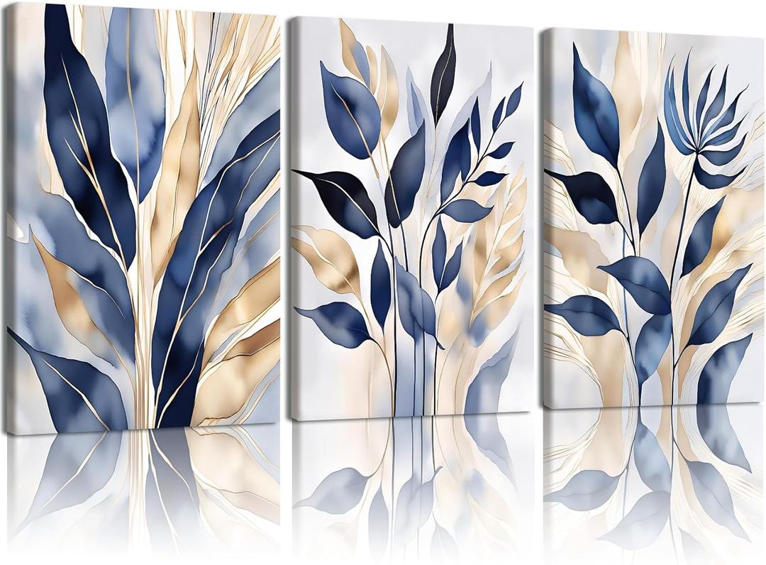 EHNTNNMA 3 Pcs Blue Botanical Canvas Wall Art Modern Natural Abstract Leaf Prints Boho Blue and Gold Plant Minimalist Rustic Leaf Wall Paintings for Living Room, Office, and Bedroom 16x24 Inches Framed