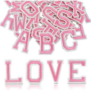 52Pcs Iron on Letter Patches, Embroidered A-Z Letter Patches for Clothes Dress Jackets Shirts Hats Bags Jerseys DIY Accessories-2 Inch Pink