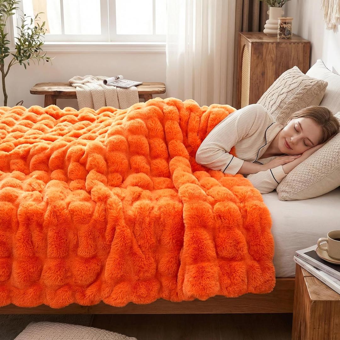 DREAMNINE Soft Faux Bubble Rabbit Fur Blanket Twin Size, Thick Cozy Decorative Warm Fuzzy Fur Blanket for Bed Couch Sofa Chair Bedroom Living Room Dorm Gift, 60 * 70 Inches, Orange