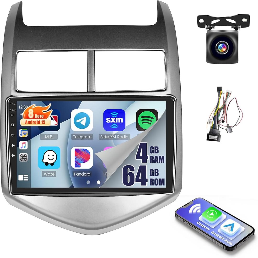 8Core 4+64G Android 15 Car Stereo for 2011-2015 Chevrolet Chevy Aveo Sonic,9 inch IPS 1280*720 Touch Screen Radio Wireless Apple Carplay Android Auto DSP 5G WiFi Bluetooth GPS FM RDS+Free AHD Camera
