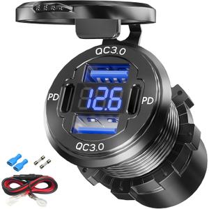 Dual PD USB C Ports & Dual Quick Charge 3.0 Ports Car Charger Socket, VANONE Aluminum Alloy Waterproof 12V USB Outlet, Accessories for Car Boat Marine Motorcycle RV ATV Truck Golf Cart