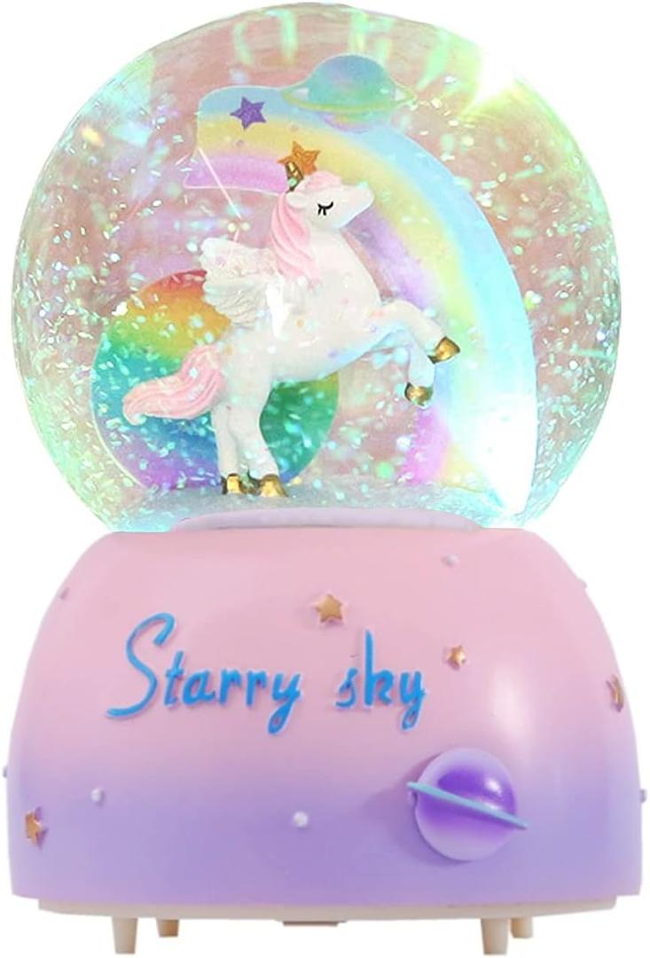 Unicorn Music Snowball, 3.94 Inch Automatic Snowfall Music Box, with LED Rainbow Snow Lights, Birthday, Christmas, Ideal Gift for Girls