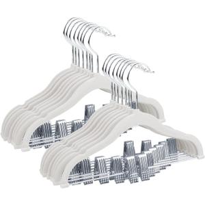 ManGotree 11.8'' Baby Velvet Hangers with Movable Clips, Non-Slip Kids Clothes Hangers, Ultra-Thin Space-Saving Children's Felt Hangers for Shirts, Pants, Dresses, Skirts, Jackets (Pack of 16, White)