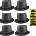 6 Pcs Adults Top Hats Plastic Magician Hat Costume Hat with Beard for Men and Women Stage Party Cosplay Supplies (Black)