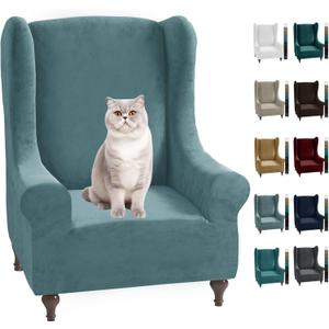 MAXIJIN Stretch Velvet Wingback Chair Slipcover 1-Piece Soft Stylish Plush Slipcovers for Wingback Chairs Thick Rich Velvet Wing Chair Cover with Elastic Bottom (Wing Chair, Dusty Blue)