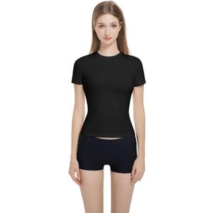 Womens Fitted Crew Neck T-Shirt Stretchy Cotton Y2K Short Sleeve Tees for Workout Basic Tees Going Out Tops Black (S)