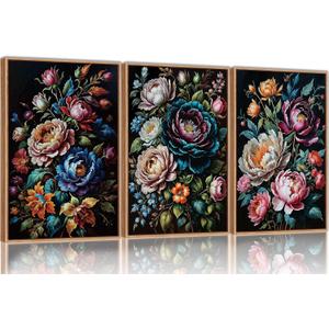 SIKERIC Dark Black Moody Floral Wall Art, Vintage Colourful Flower Framed Canvas Art Prints Set of 3, Large Botanical Art Paintings, Nature Peony Wall Decor for Living Room, Bedroom, Office-16X24 inch 