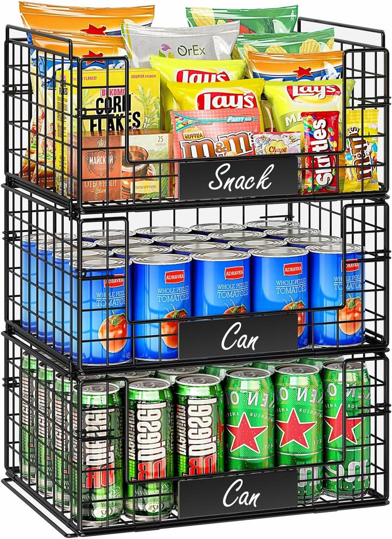 JKsmart 3 Pack XXL Stackable Wire Baskets with Handles for Pantry Storage and Organization, Fruit and Vegetable Basket with Name Plates, Metal Storage Bins for Snack Can Fruit Veggies, XXL (XXL-16.34"x12.01"x23.61")