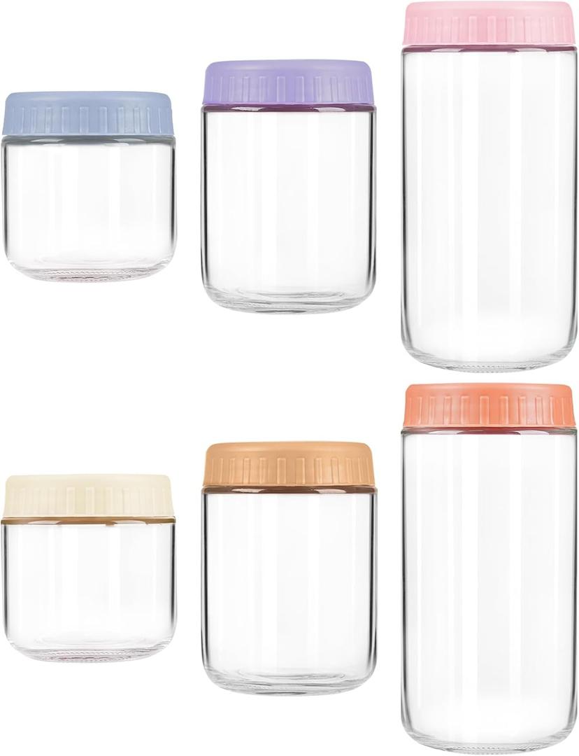 Overnight Oats Containers with Lids, 10 & 16 & 24 oz Wide Mouth Mason Jars with Lids, 6 Pack Glass Jars with Airtight lid for Chia Pudding Yogurt Salad, Meal Prer Oatmeal Jars (MultiColor)