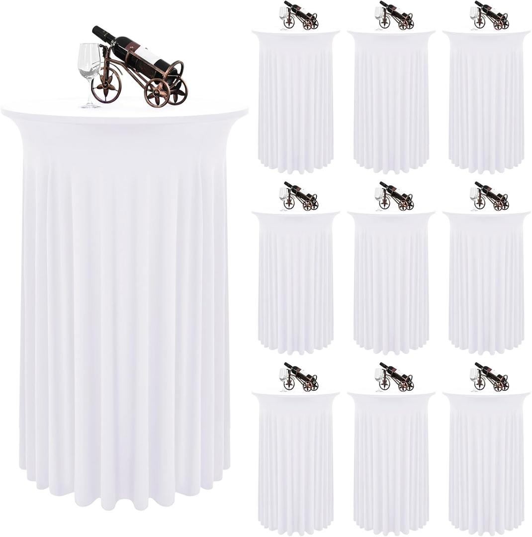 10 Packs Round Cocktail Table Skirt 32"x 43" Spandex Stretch Cocktail Tablecloth with Wavy Drapes, White Spandex Fitted High Top Table Covers for Wedding Bar Party Birthday Banquet Table