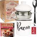Bacon Grease Container with Strainer - With Food-Grade Silicone Spatula, 24oz Enamel Rustic Farmhouse Fat Container, Keeper, Recipes, Dishwasher Safe (White)