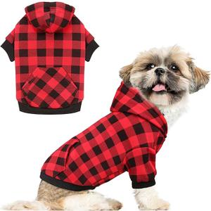 Dog Sweater Red Buffalo Plaid Pet Clothes Warm and Soft Breathable Cozy Small Pet Hoodies Dog Sweaters for Small Dogs with Pocket(S)