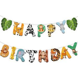 Safari Animals Happy Birthday Banner, Jungle Party Sign Decorations, Wild One Animal Themed Bunting for Jungle Safari Birthday Party, Zoo Animal Garland for Boys Girls Baby Shower