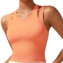 2 x RUNNING GIRL Sports Bras for Women High Impact Seamless Ribbed Longline High Neck Workout Crop Tank Tops Padded (Orange, XL)