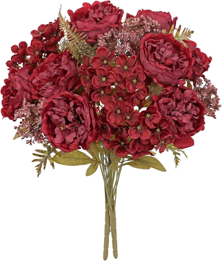 Hollyone 2 Bundles Artificial Fall Flowers Bouquet 18.8" Red Peony Hydrangea Fake Fall Floral Silk Flowers Autumn Faux Flower Arrangement for Home Wedding Table Centerpieces Thanksgiving Party Decor (Burgundy)
