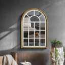 Arched Decorative Wall Panel with Solid Wood Frame, Acrylic Reflective Surface and Distressed White Finish, Vintage Farmhouse Windowpane Style Wall Art for Living Room Bedroom Hallway, 14.5" x 22.5"