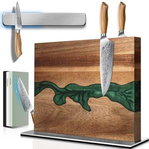 Magnetic Knife Block with Sharpening Stone and Stainless Steel Magnetic Knife Strip, Emojoy Double Side Magnetic Knife Holder, Acacia Wood Knife Block and Green Resin