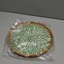 Round Rattan Tray with Mother of Pearl Inlay, Decorative Wicker Serving Tray with Wooden Base, Woven Basket Trays for Bread Fruits Coffee, Leaf