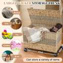 Cinnvoice 42.3 Gallon(160L) 30×17.7×18 in Wicker Storage Trunk with Wheels & Lid Heavy Duty Rolling Storage Bench Large Toy Chest Water Hyacinth Woven Blanket Bin for Bedroom, Laundry Room, Tricolor