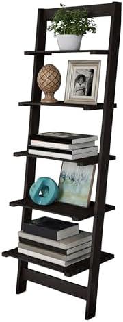 5-Tier Ladder Shelf - 50-Inch Narrow Leaning Bookshelf - Wooden Bookcase for Living Room, Bathroom, Kitchen, Office, or Bedroom Furniture by Lavish Home (Black)