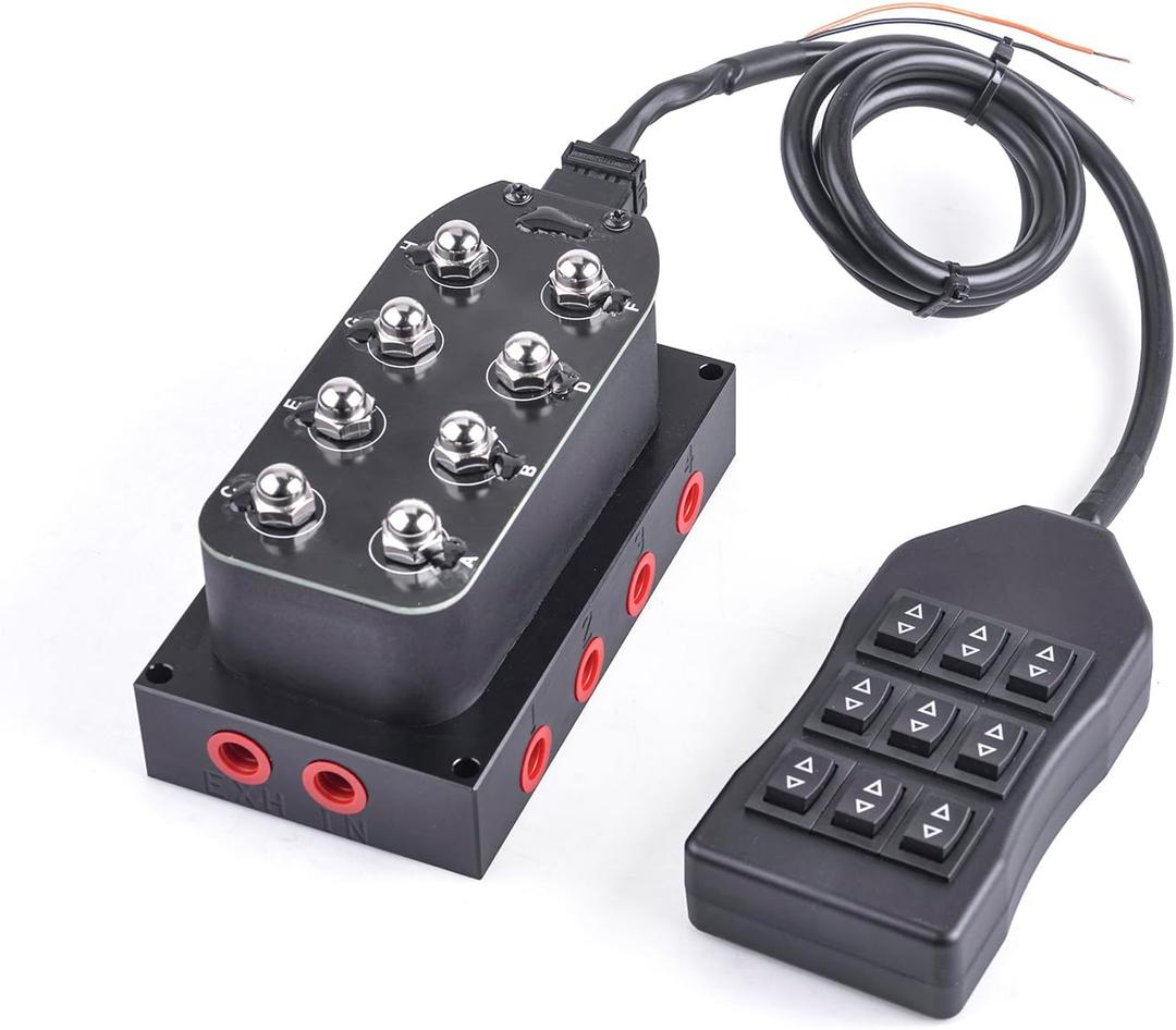 12V Air Ride Suspension Manifold Kit with 8 Air Ride Solenoid Valves, with 1M 9-switch Wired Remote Controller Can be used for Air Bag inflation and deflation