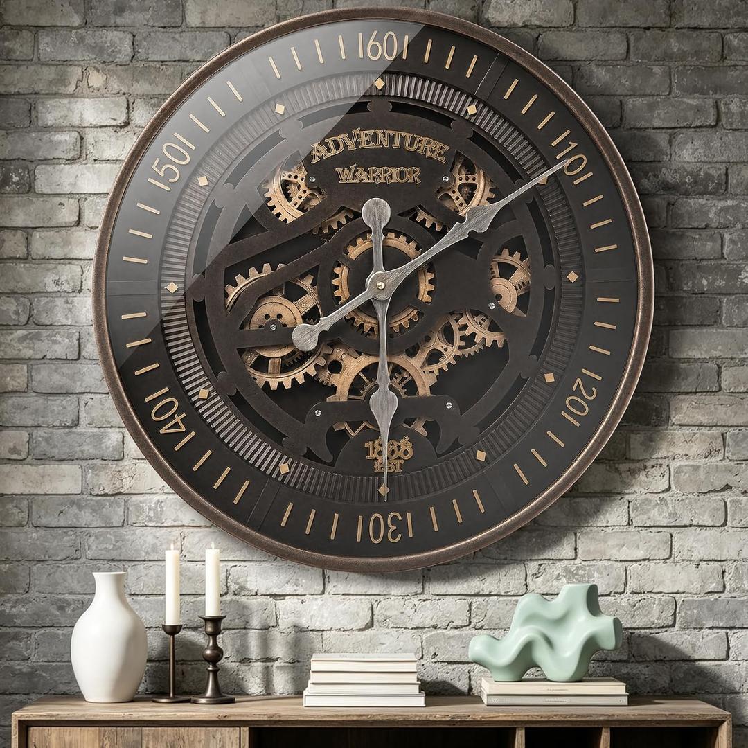 23 inch Oversized Wall Clock with Moving Gears, Industrial Steampunk Decor, Large