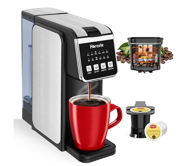 Horavie Single Serve Coffee Maker with Built-in Grinder, Fast Brew 6-16oz Single Cup for Whole Beans, Grounds, K Pod, Grind and Brew Coffee Maker with 47oz Water Tank, Descaling Alert, Black
